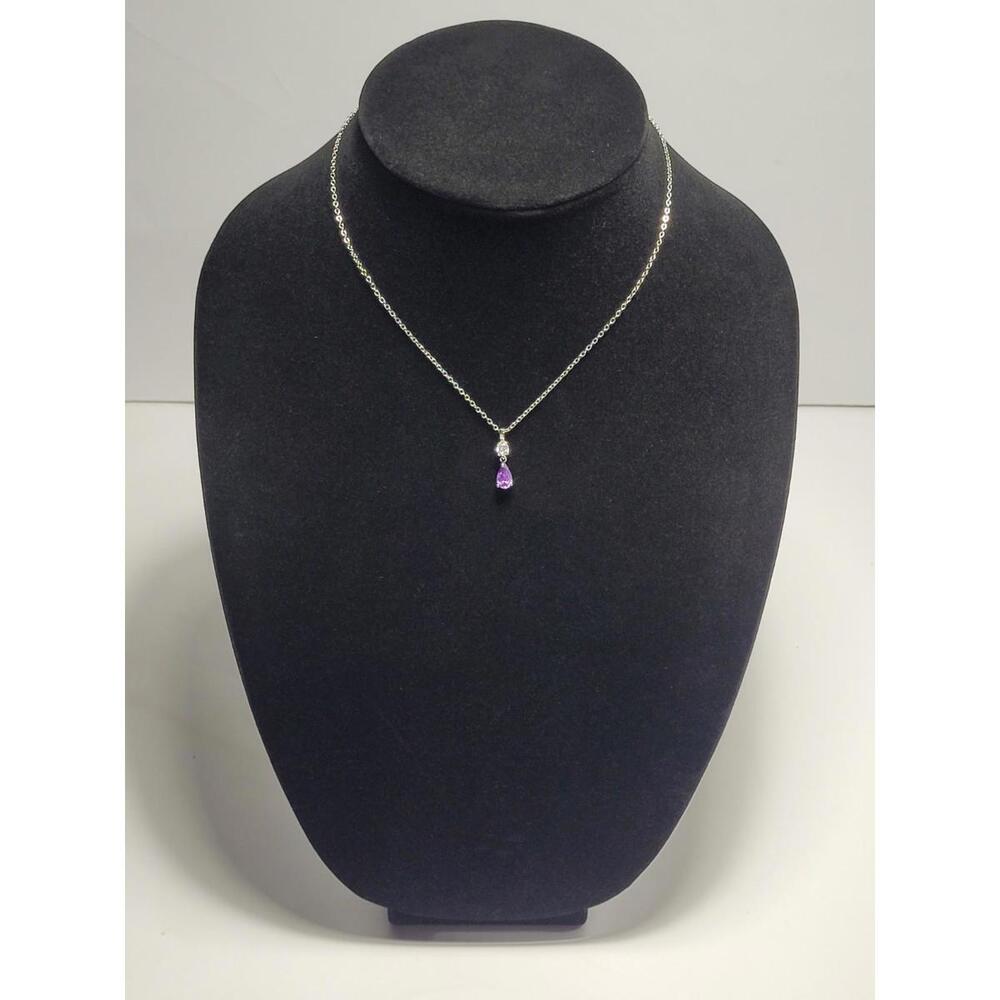 Silvertone Chainlink Necklace Imitation Amethyst Pendant Clear Rhinestone Accent